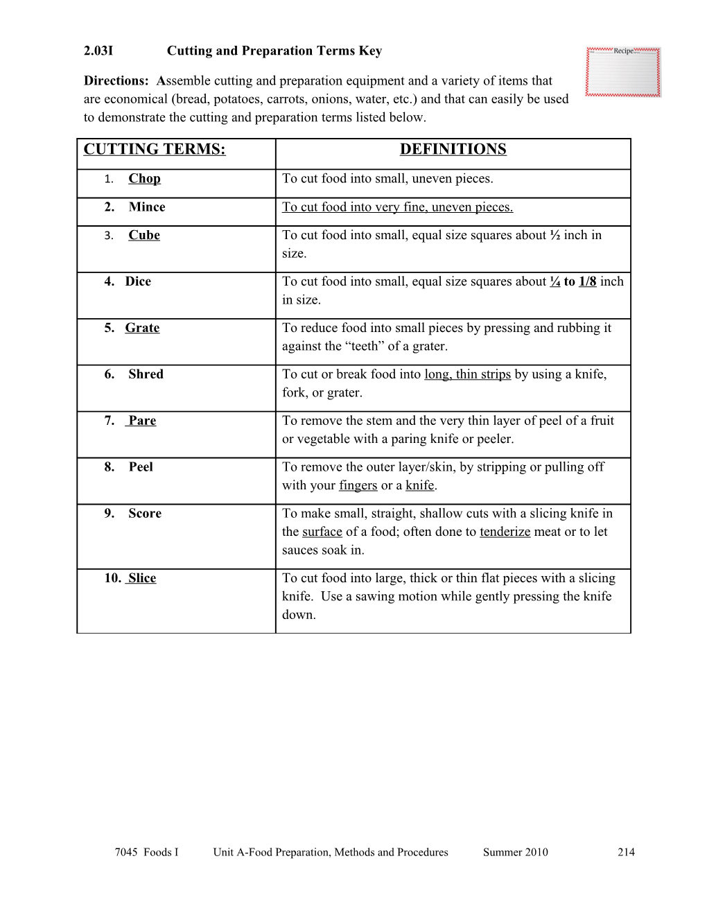 2.03Icutting and Preparation Terms Key