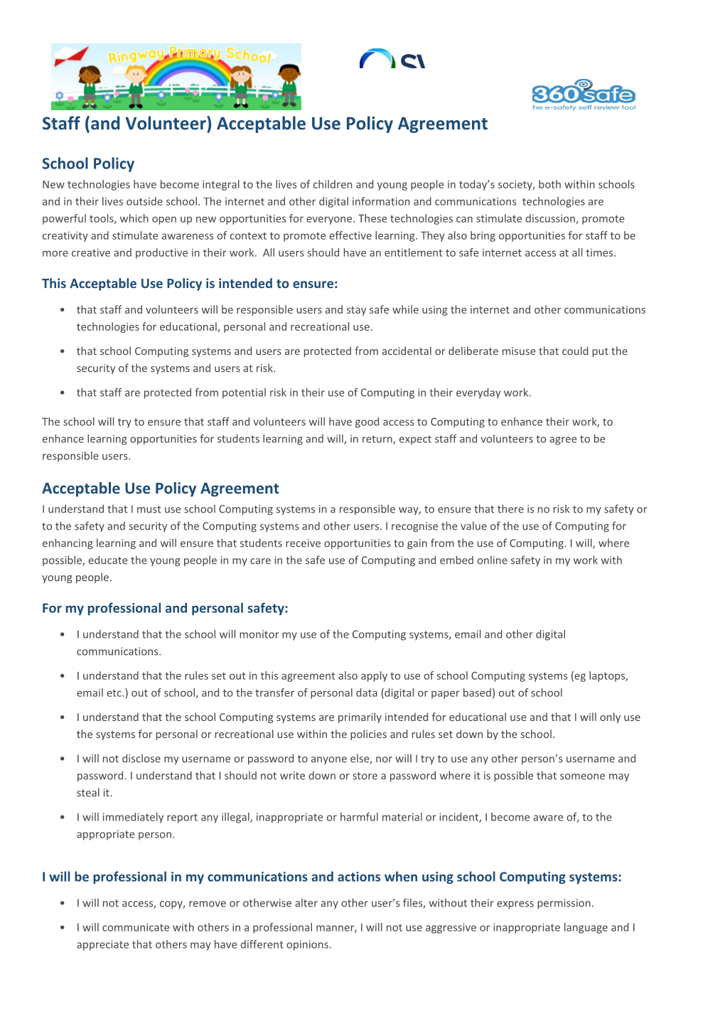 Staff (And Volunteer) Acceptable Use Policy Agreement