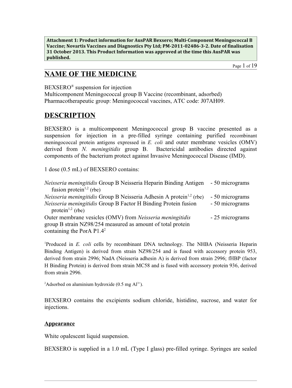 Auspar Attachment 1: Product Information for Multi-Component Meningococcal B Vaccine (Bexsero)