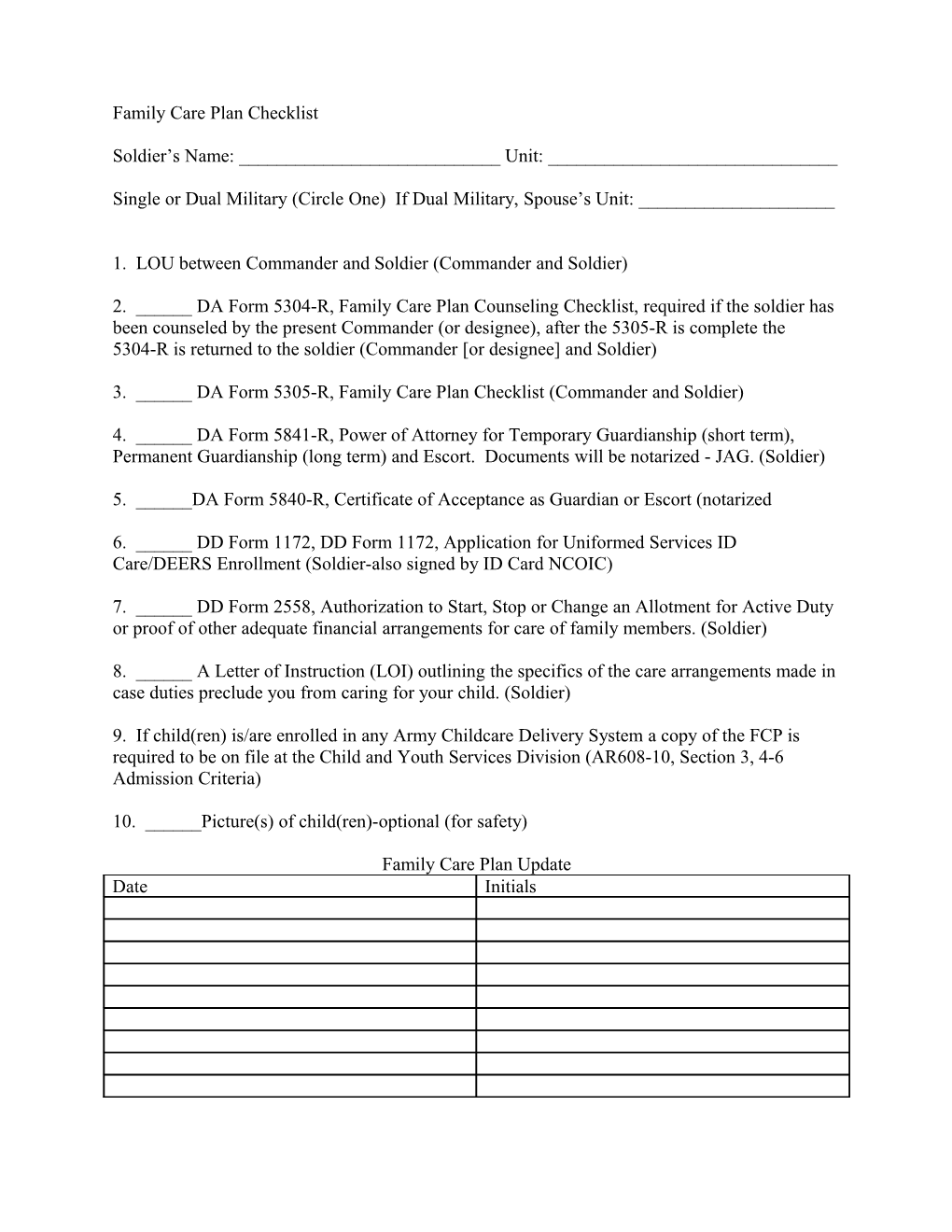 Family Care Plan Checklist