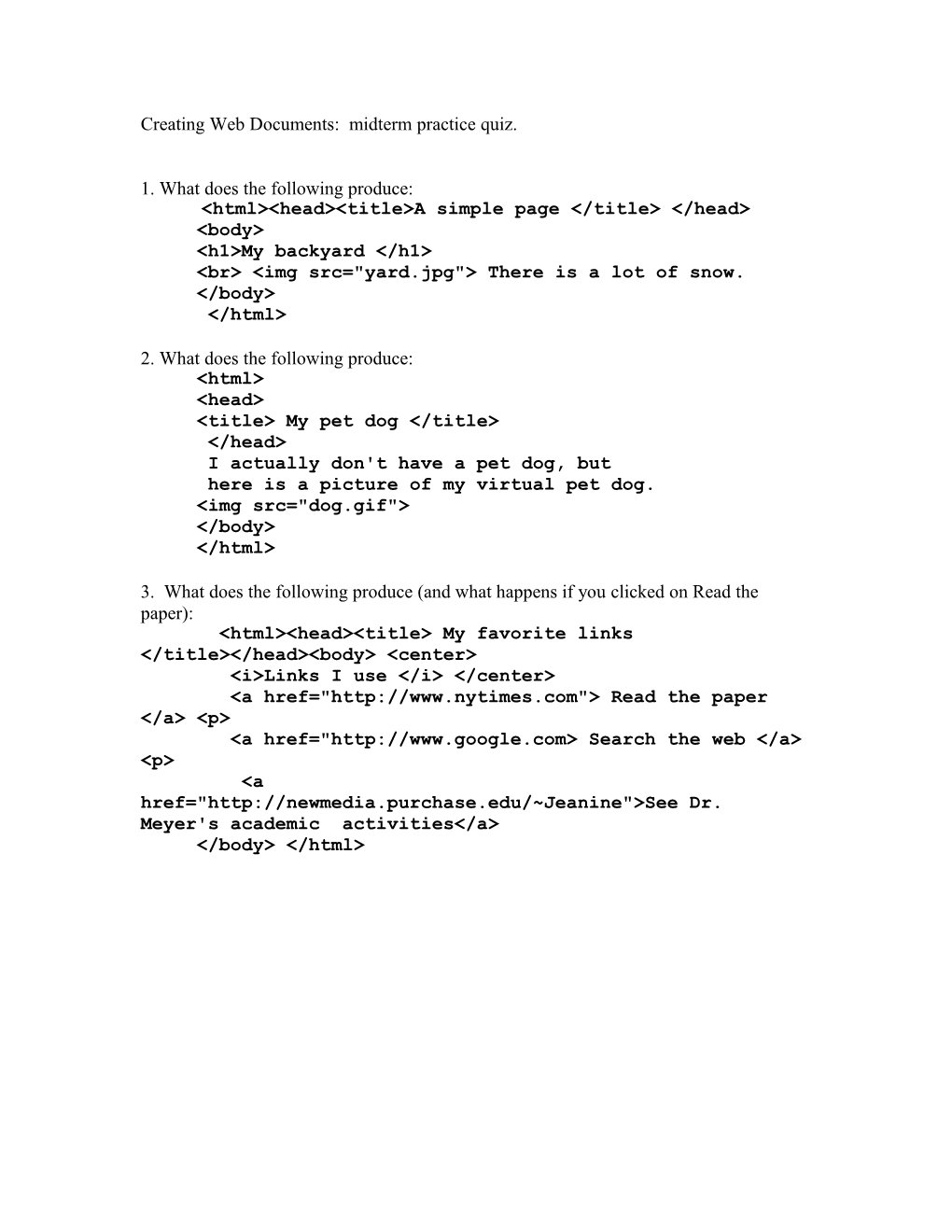 Creating Web Documents: Midterm Practice Quiz