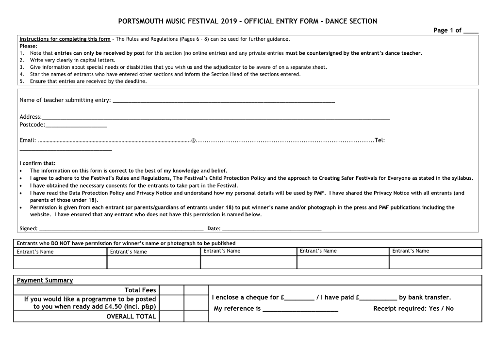 Portsmouth Music Festival 2019 Official Entry Form Dance Section