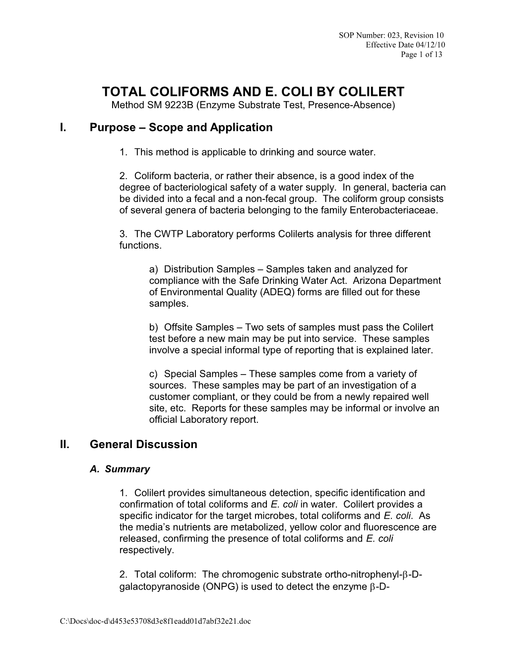 Total Coliforms and E. Coli by Colilert