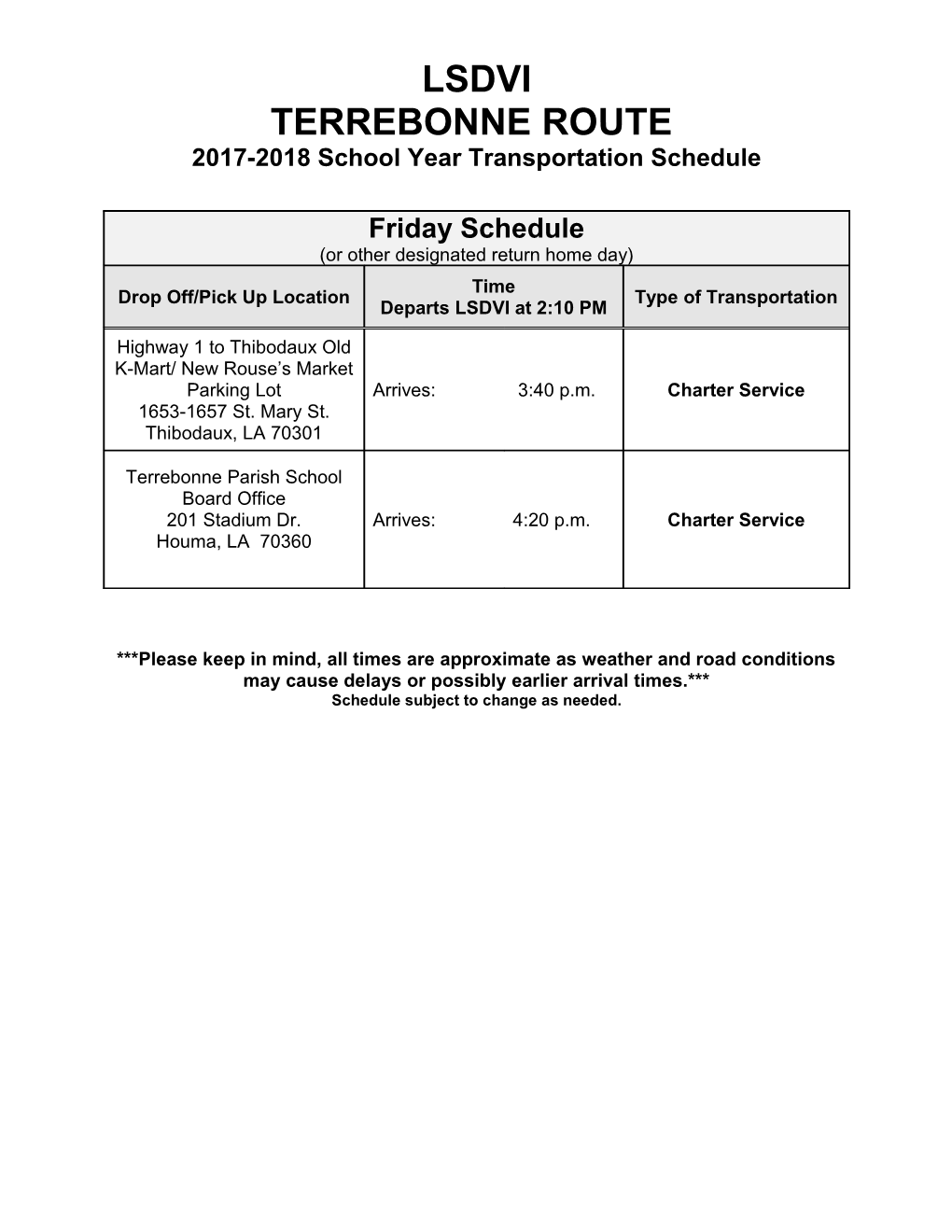 2017-2018School Yeartransportation Schedule