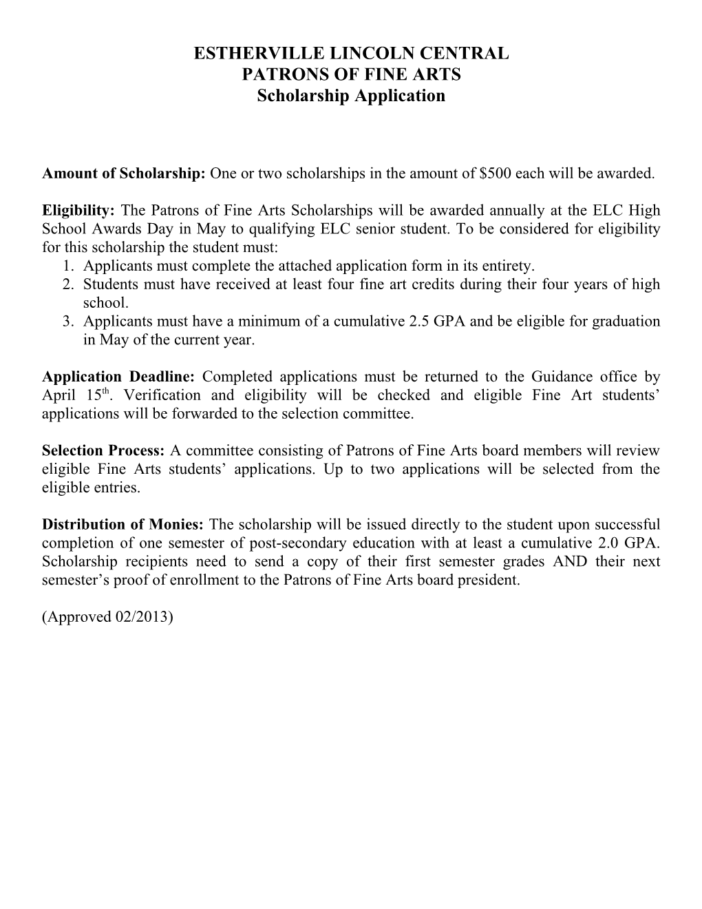 ELC Patrons of Fine Arts Scholarship