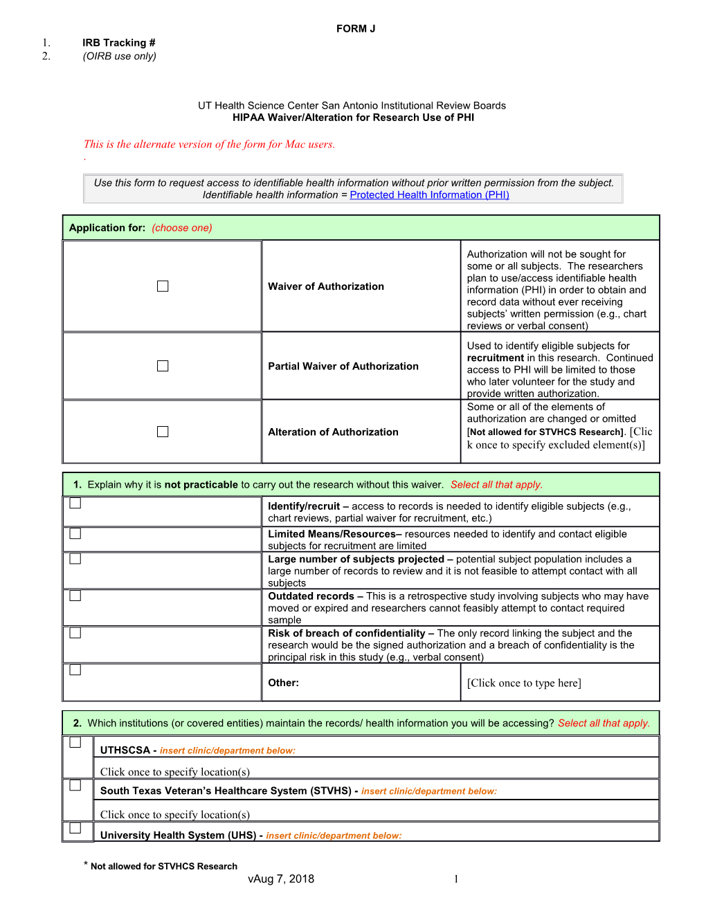 Form J-Application for Waiver of Authorization Under HIPAA