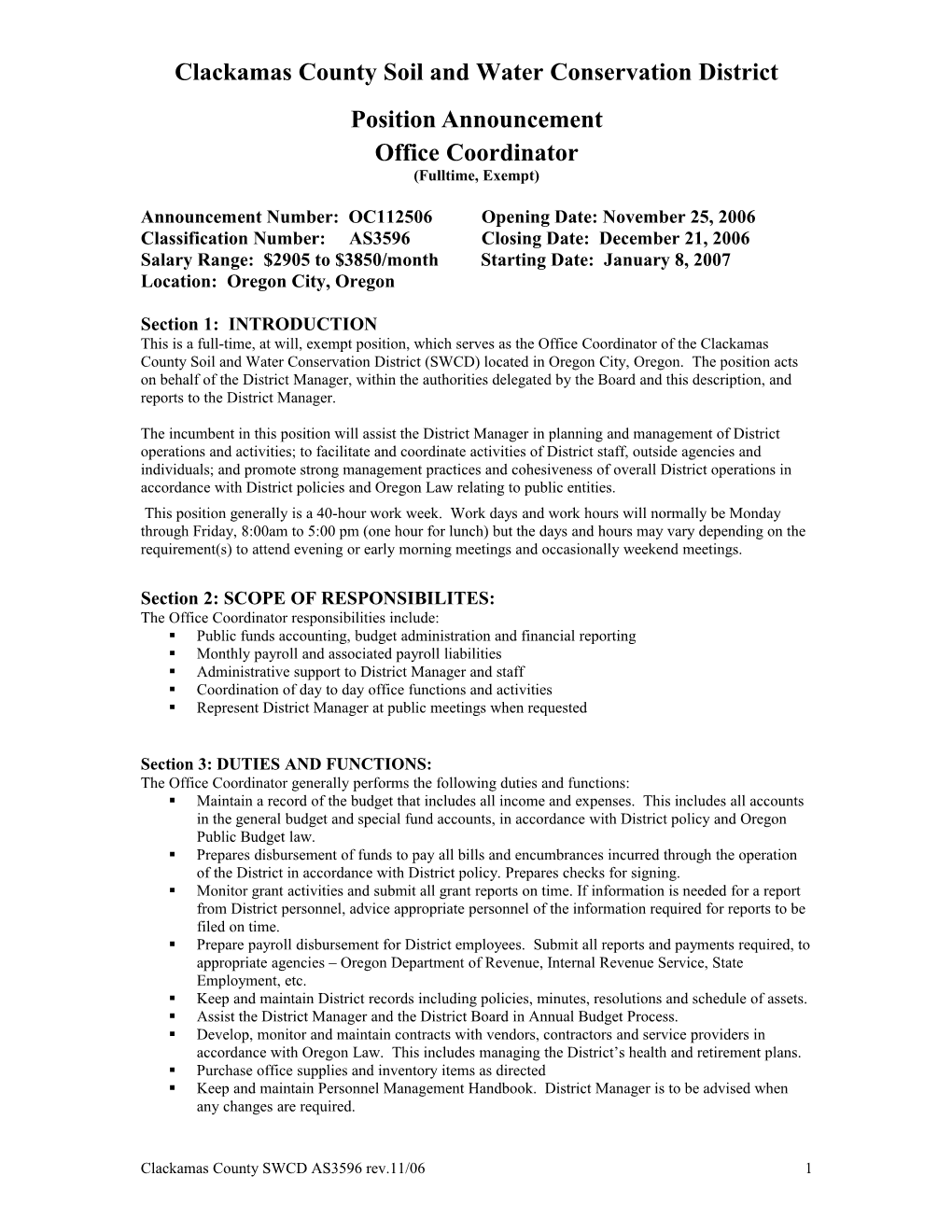 SWCD Office Coordinator Position Description