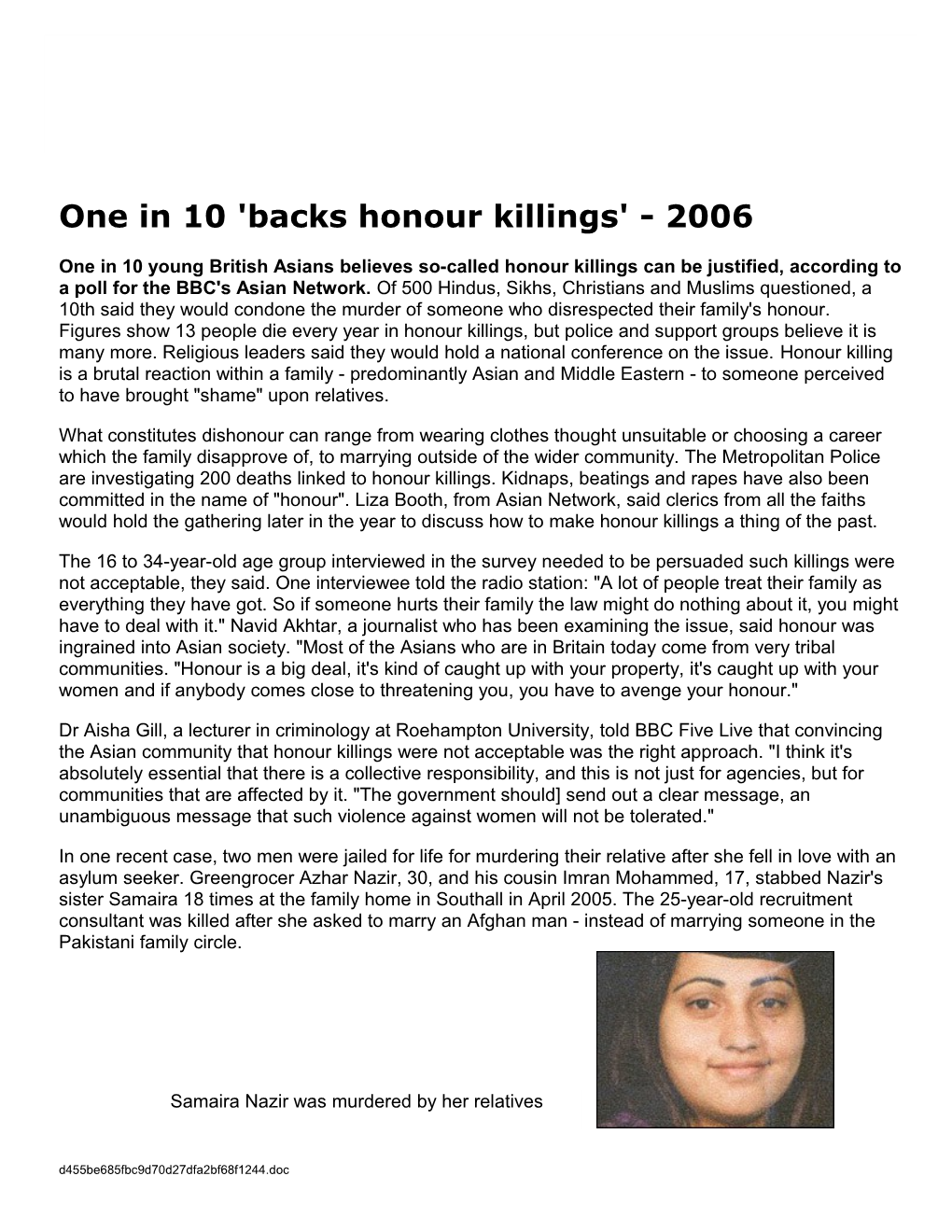 One in 10 'Backs Honour Killings' - 2006