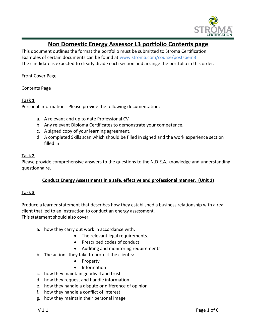 Non Domestic Energy Assessor L3 Portfolio Contents Page