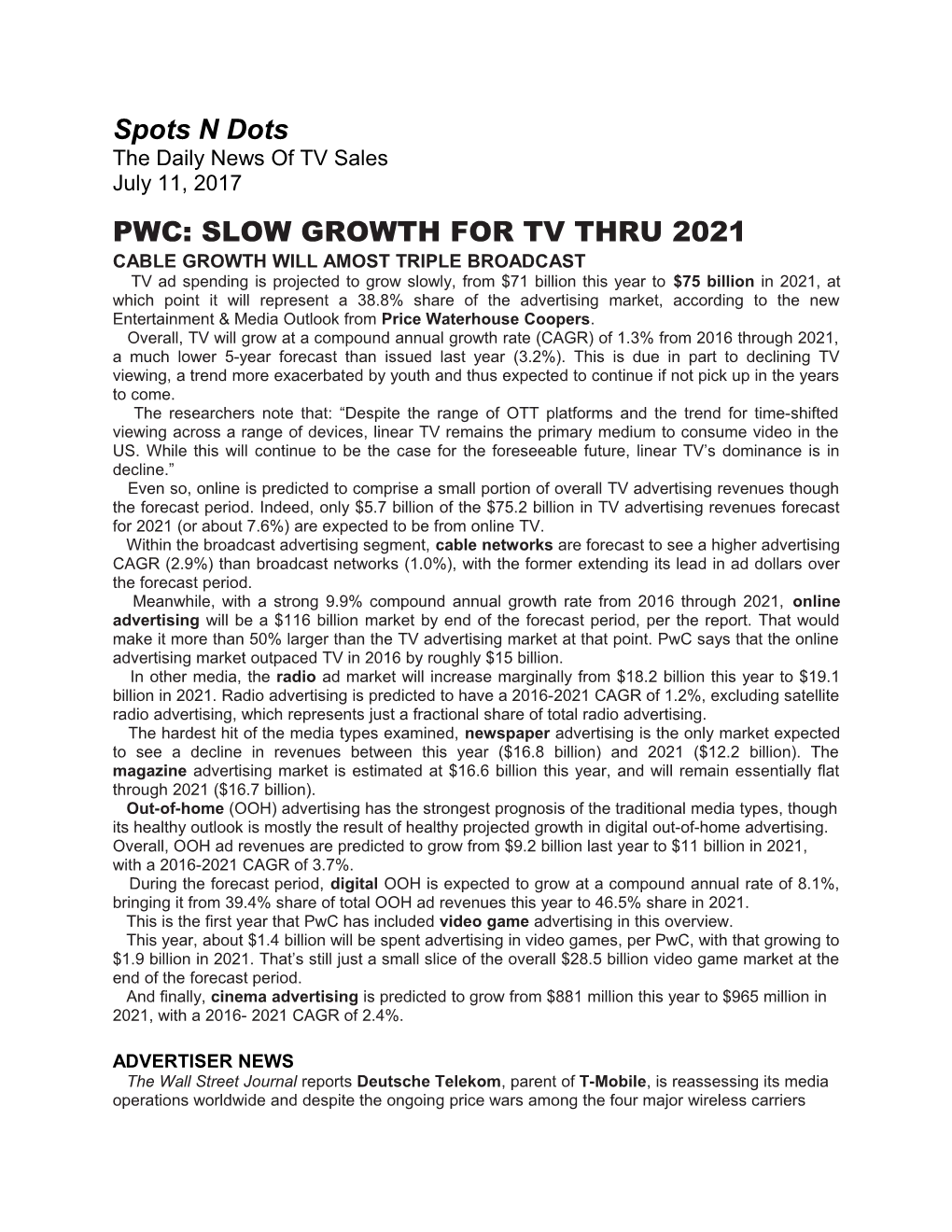 Pwc: Slow Growth for Tv Thru 2021