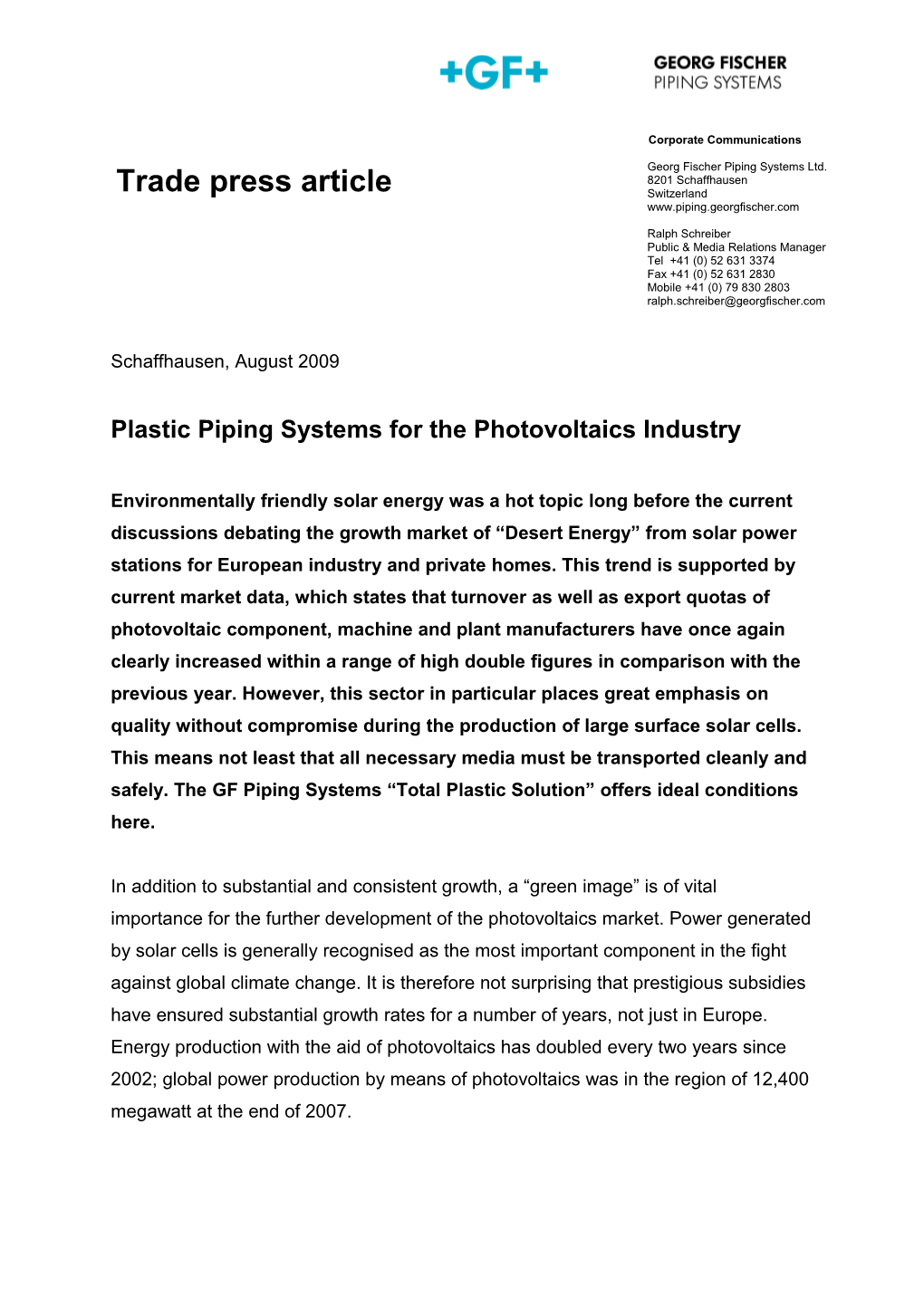 Plastic Piping Systems for the Photovoltaics Industry