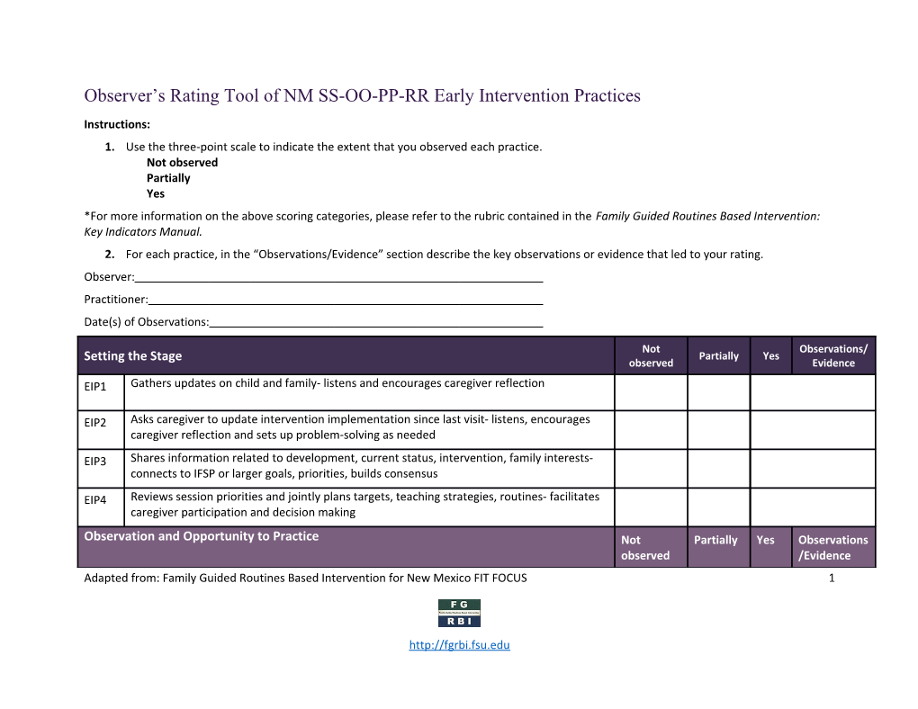 Observer S Rating Tool of NM SS-OO-PP-RR Early Intervention Practices