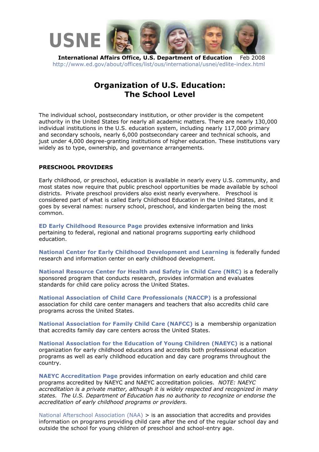 Organization of US Education: the School Level (MS Word)