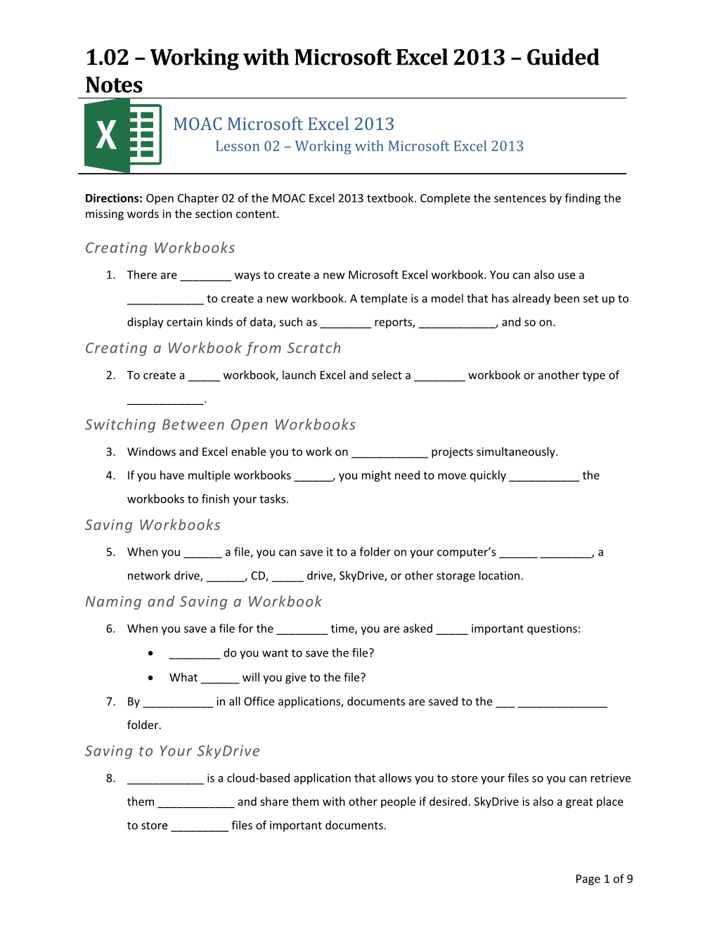 1.02 Working with Microsoft Excel 2013 Guidednotes