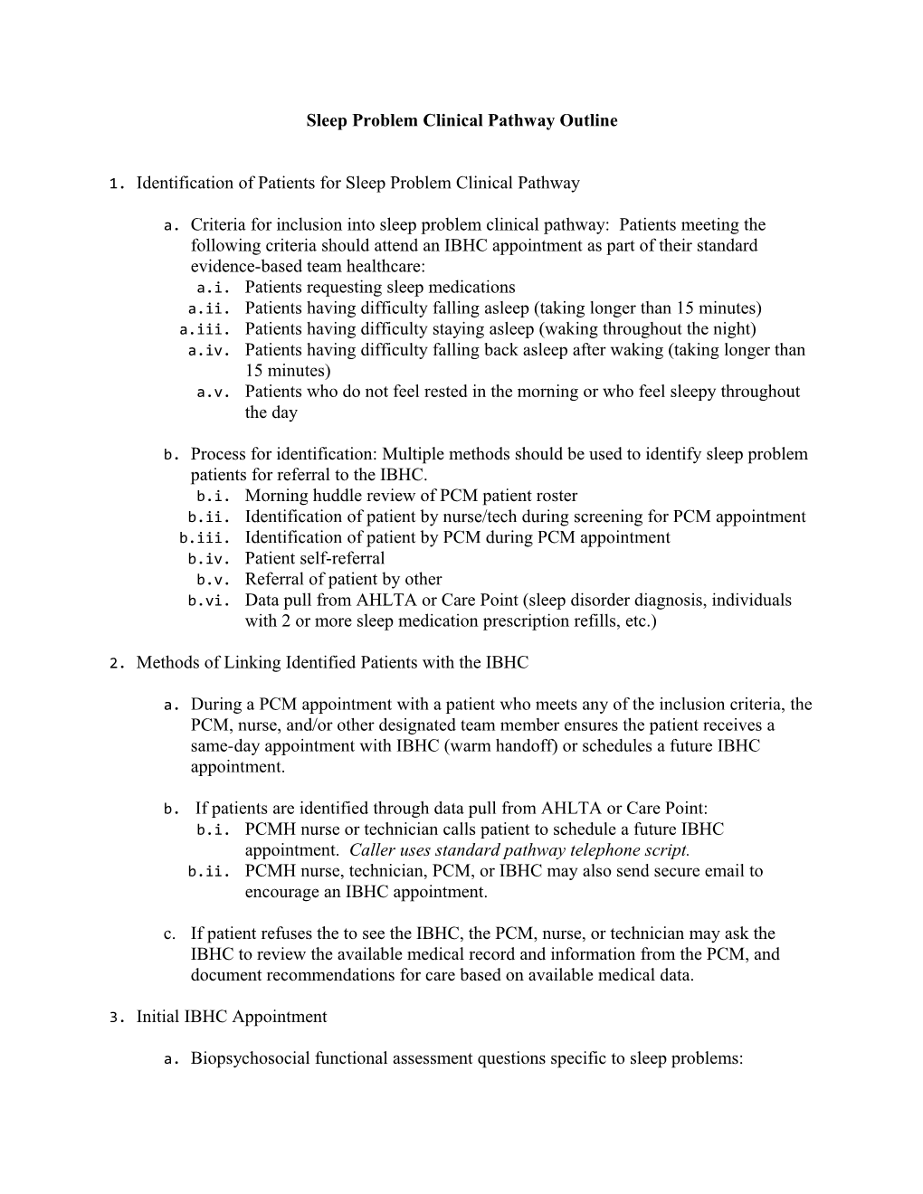 Sleep Problem Clinical Pathway Outline