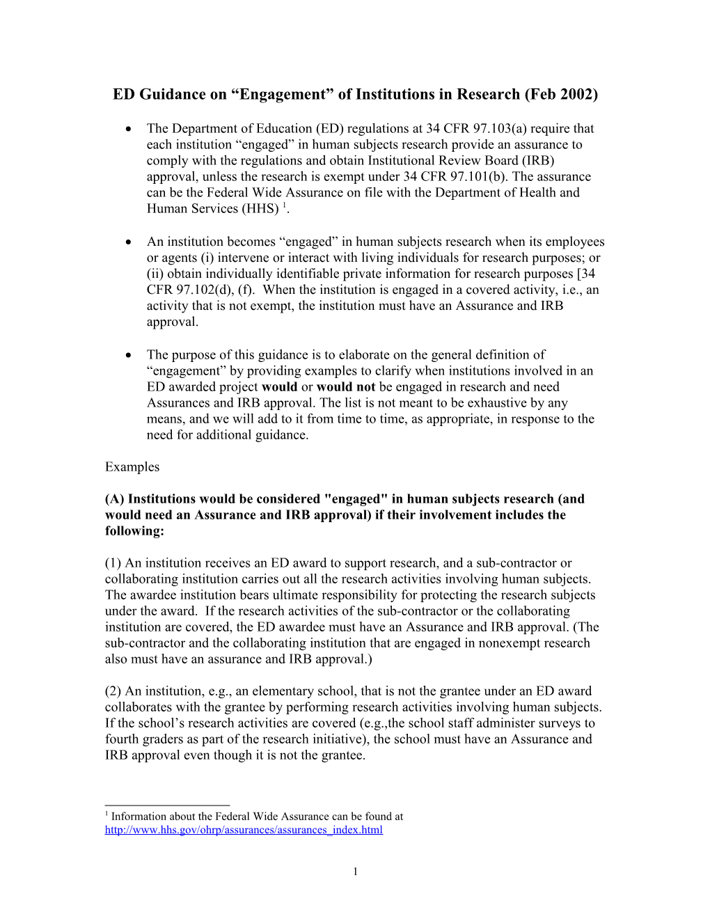 ED Guidance on Engagement of Institutions in Research - Feb 2002 (MS Word)
