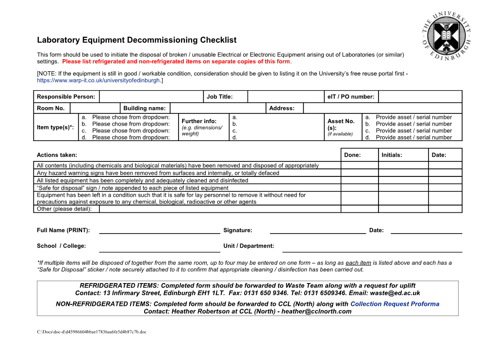 Laboratory Equipment Decommissioning Checklist