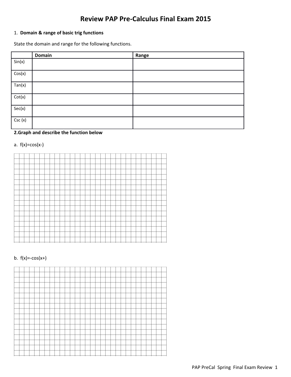 Review PAP Pre-Calculusfinal Exam 2015