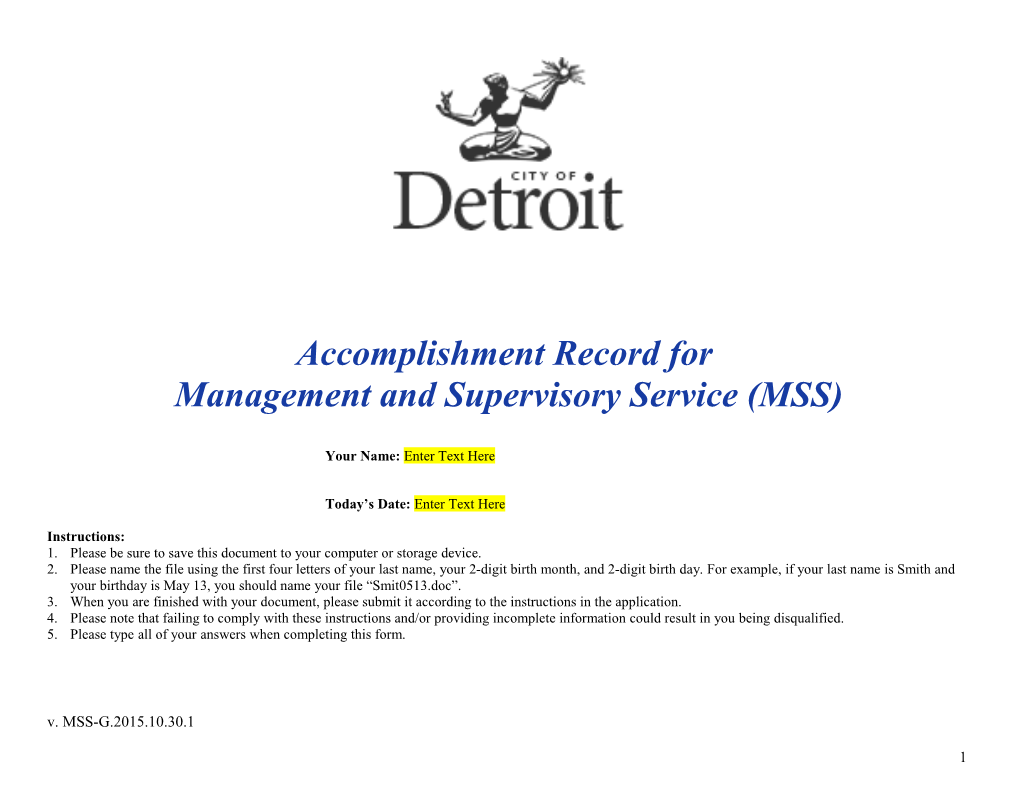 Accomplishment Record for Management and Supervisory Service (MSS)