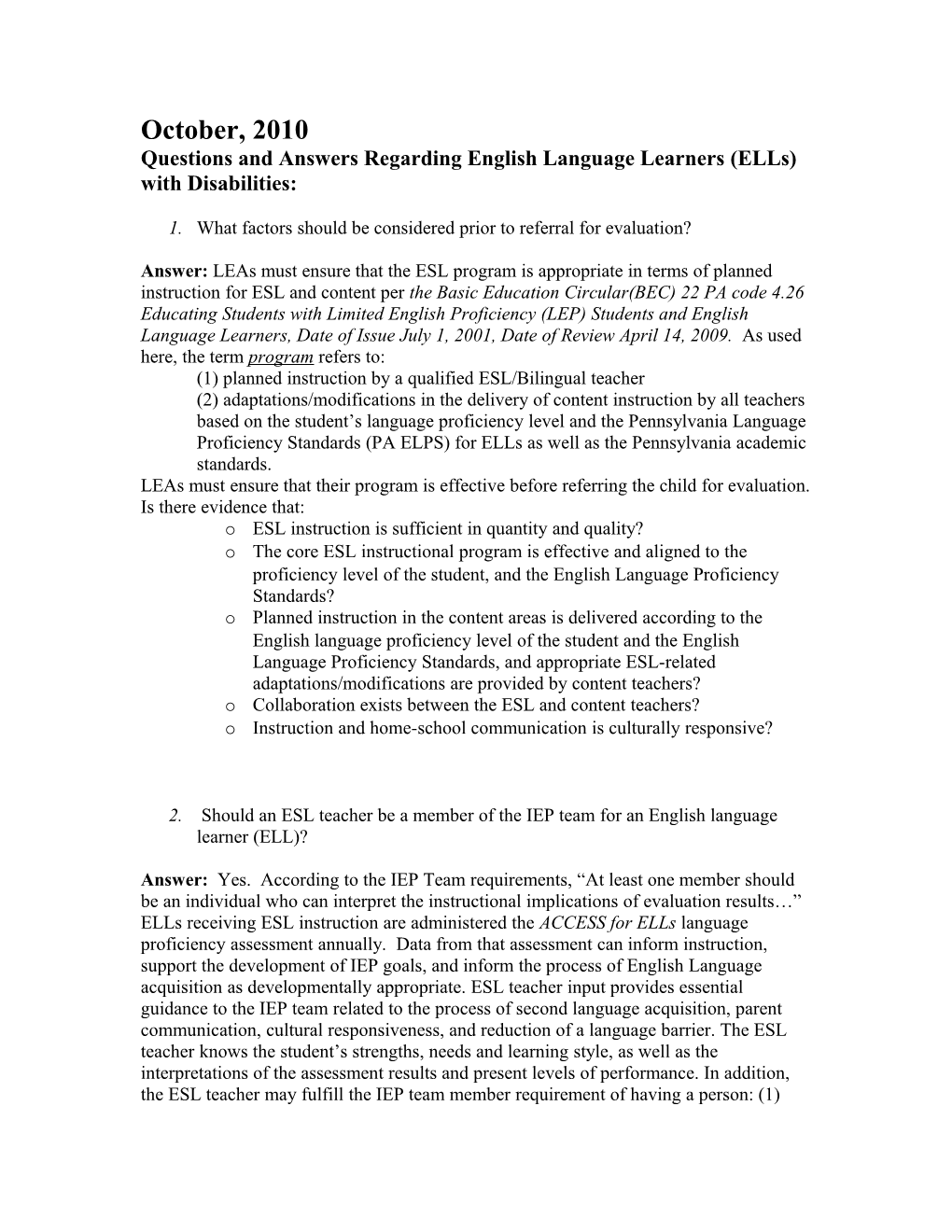 Questions and Answers Regarding ESL Students with Disabilities
