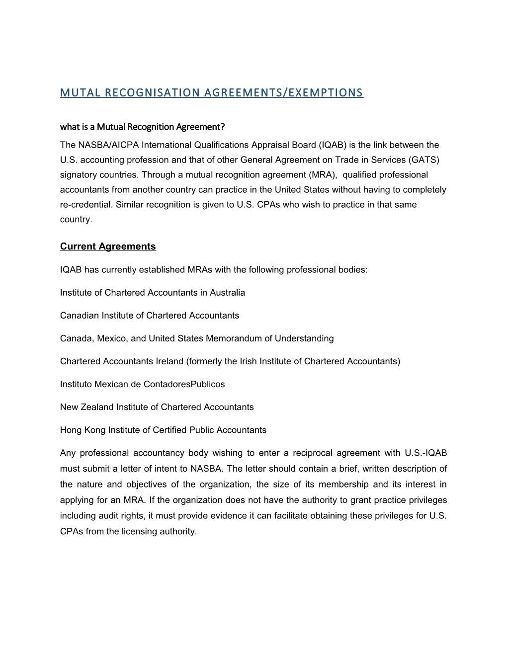 Mutal Recognisation AGREEMENTS/EXEMPTIONS