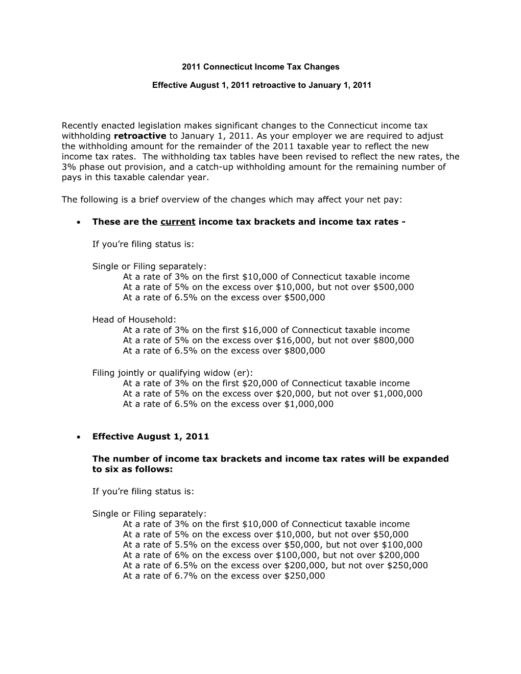 2011 Connecticut Income Tax Changes