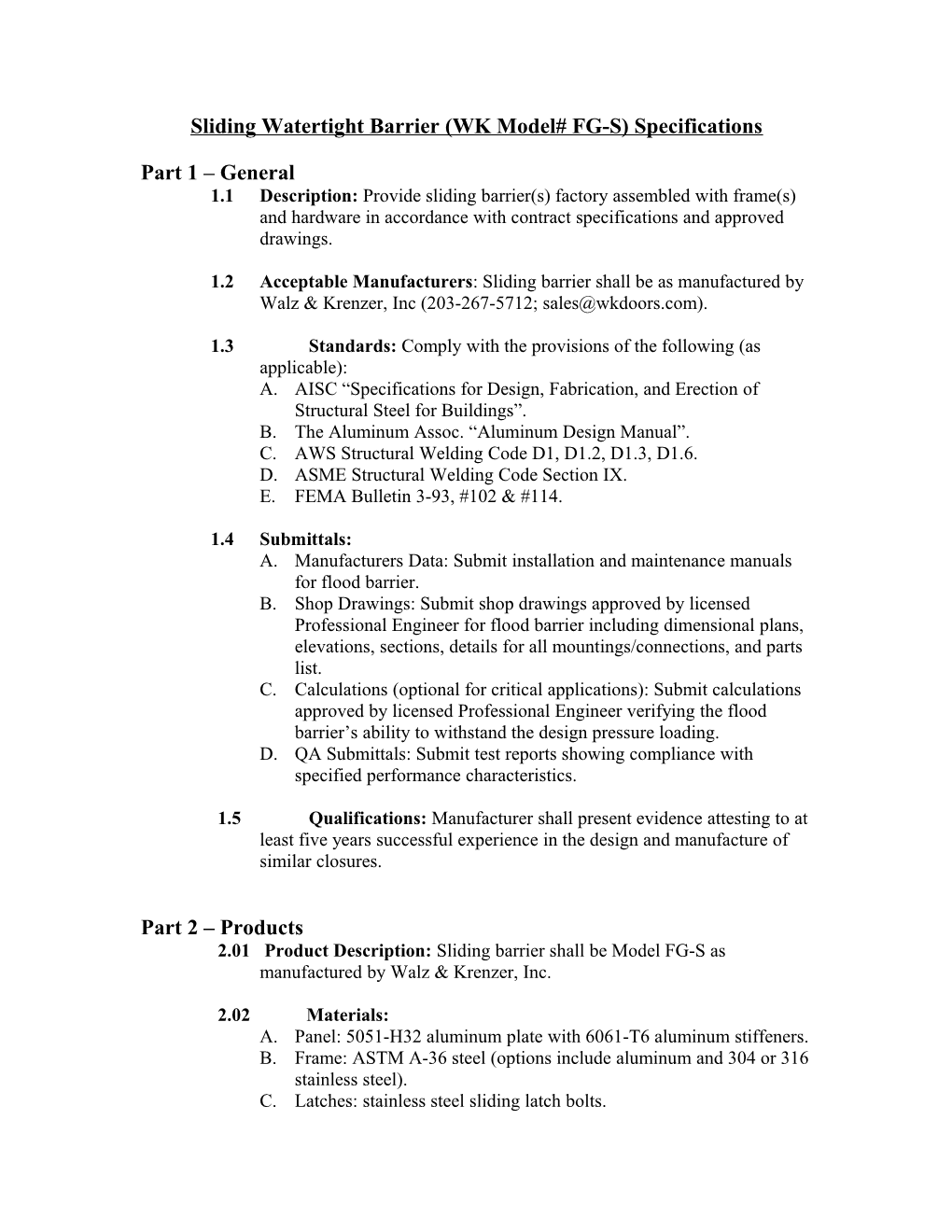 Suggested Specifications for Model Fp-Ls