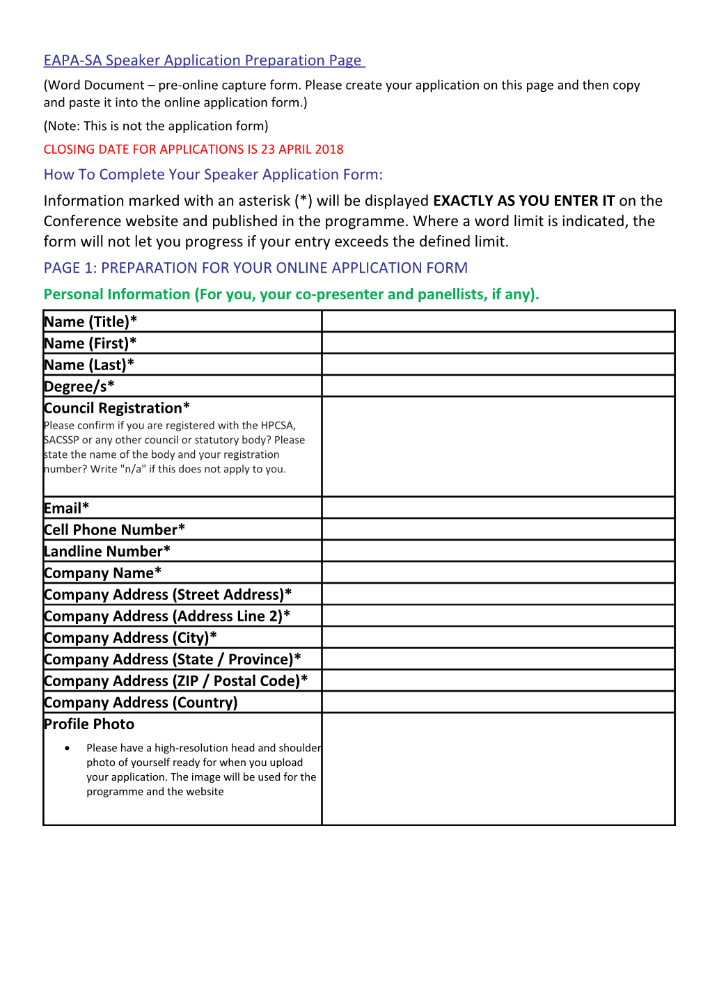 EAPA-SA Speaker Application Preparation Page