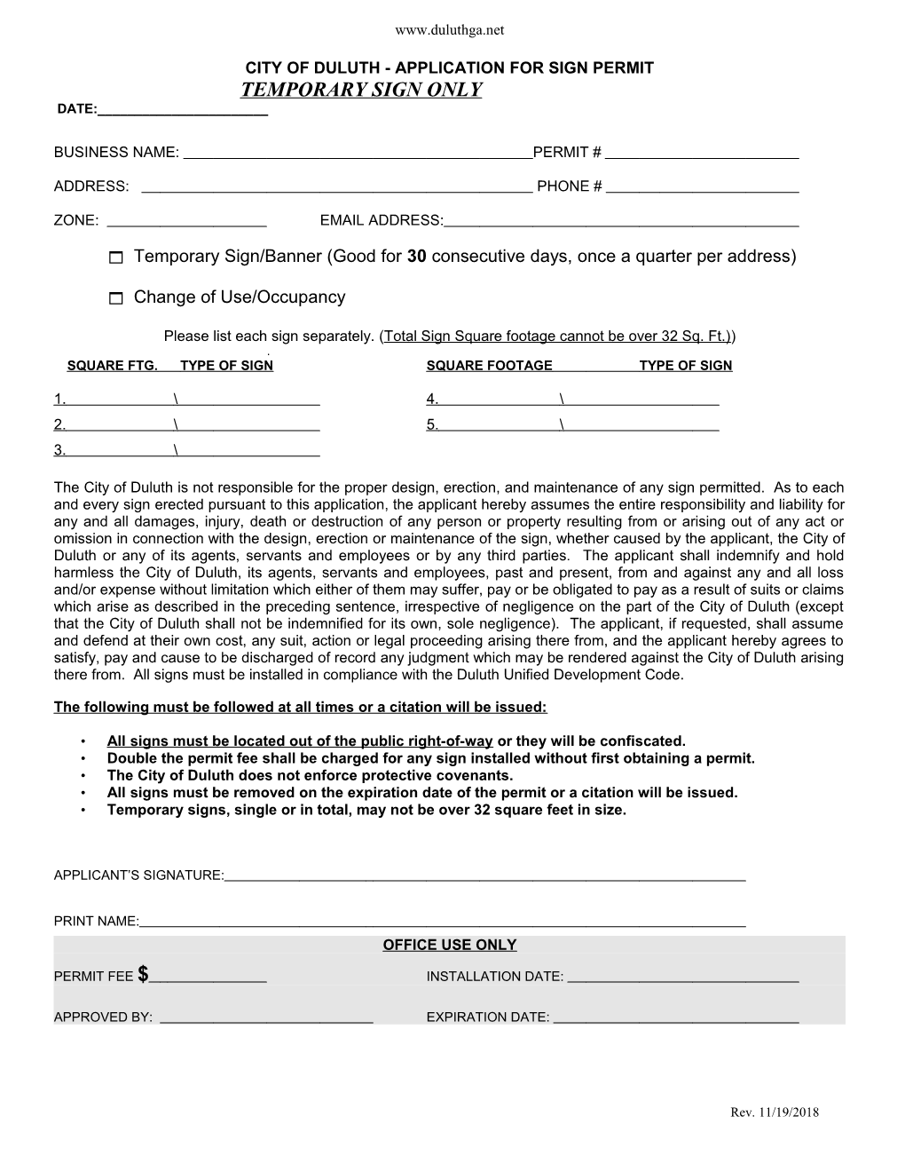 City of Duluth - Application for Sign Permit