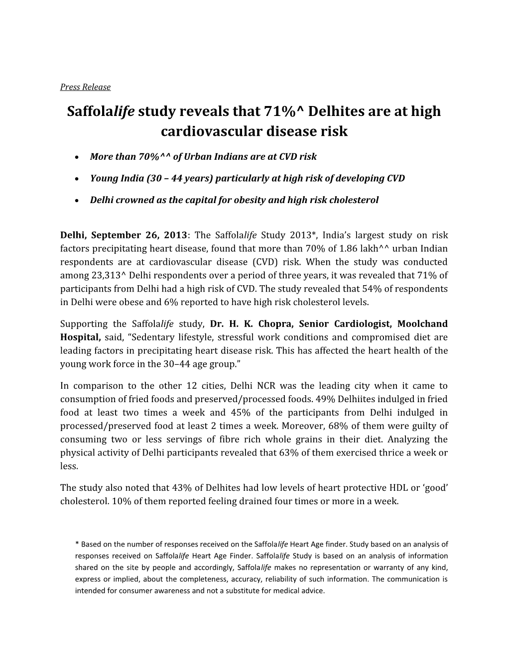 Saffolalife Study Reveals That 71% Delhites Are at High Cardiovascular Disease Risk