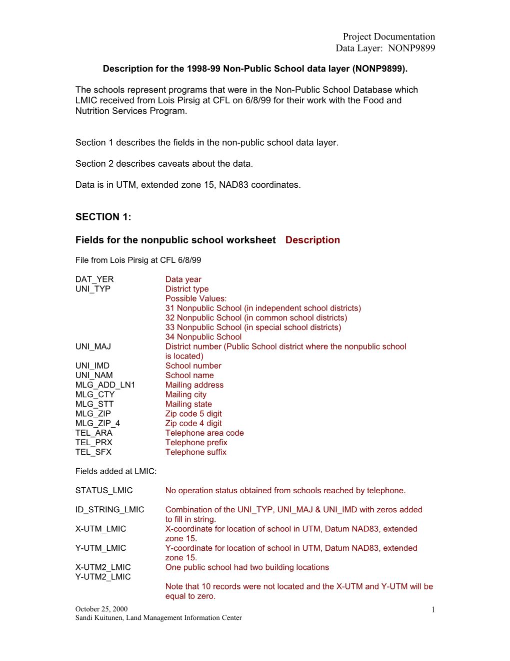 Descriptions for the 1998-99 Non-Public School Data Layer