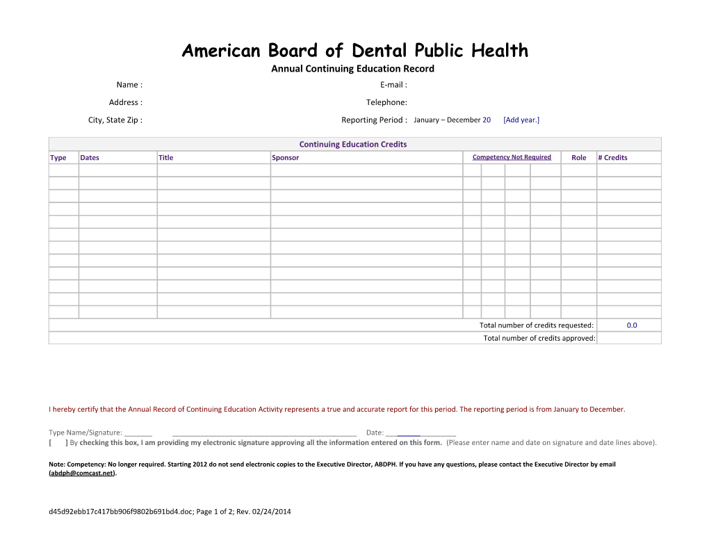 American Board of Dental Public Health Annual Continuing Education Record