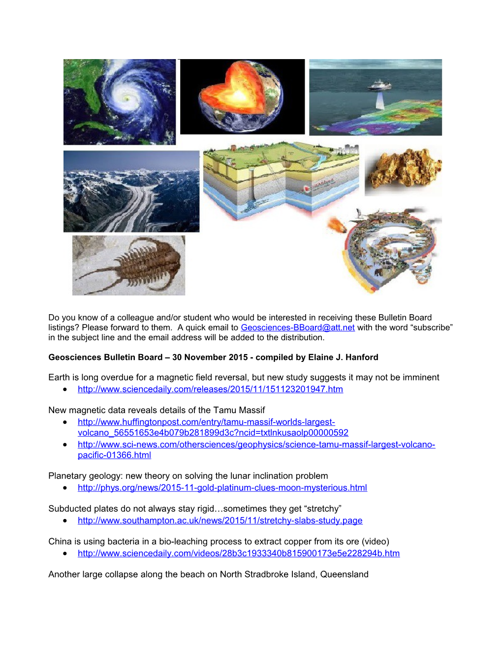 Geosciences Bulletin Board 30 November 2015- Compiled by Elaine J. Hanford