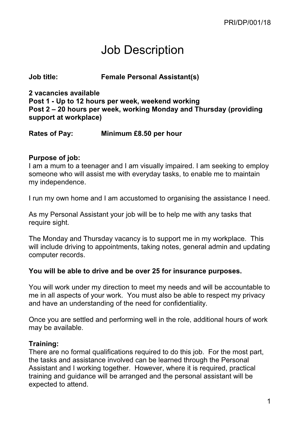 Job Title:Female Personal Assistant(S)