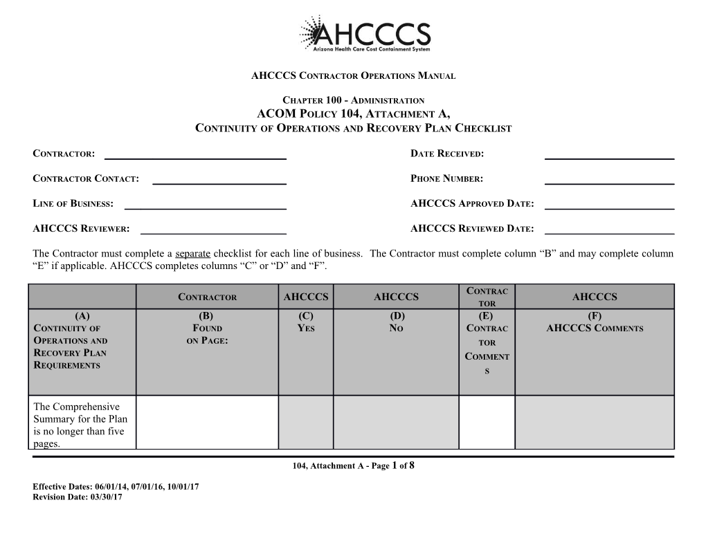 Continuityof Operations and Recovery Plan Checklist