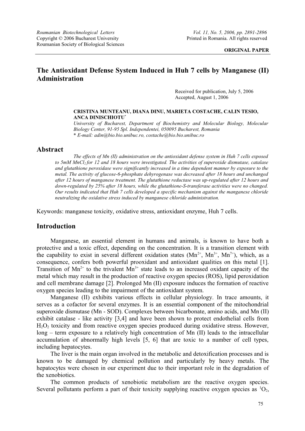 Oxidative Stress Induced by Manganese (II) Intoxication in Huh 7 Cells