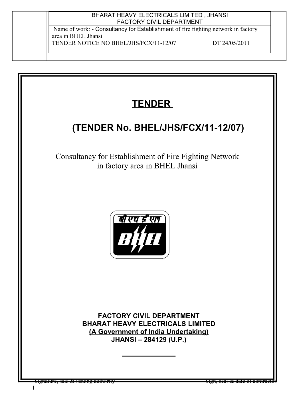 TENDER No. BHEL/JHS/FCX/11-12/07
