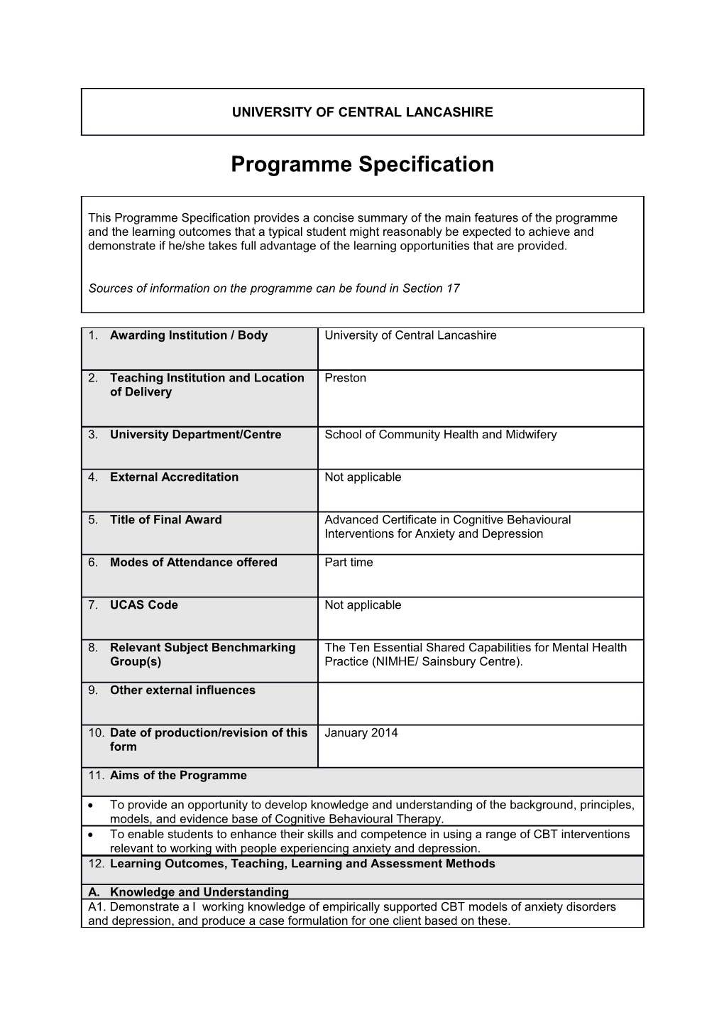 Adv Cert Cognitive Behavioural Interventions for Anxiety and Depression (Sept 2014)