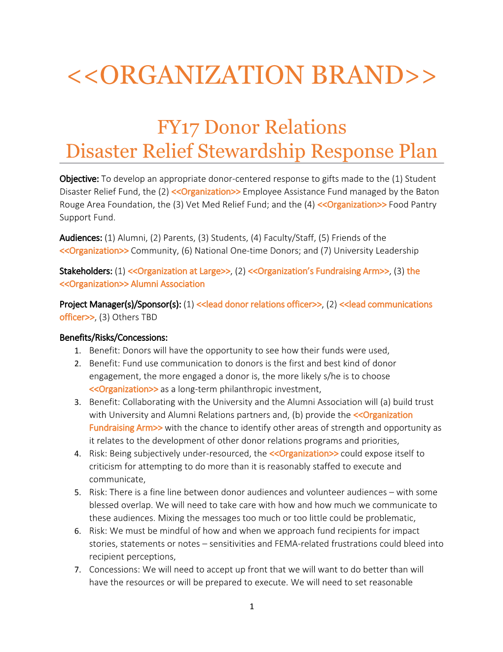 Disaster Relief Stewardship Response Plan