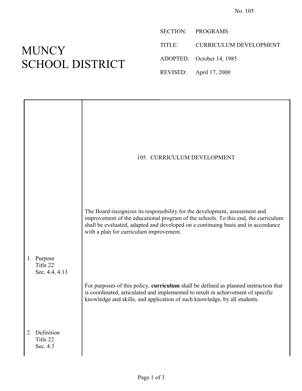 105. CURRICULUM DEVELOPMENT - Pg. 1