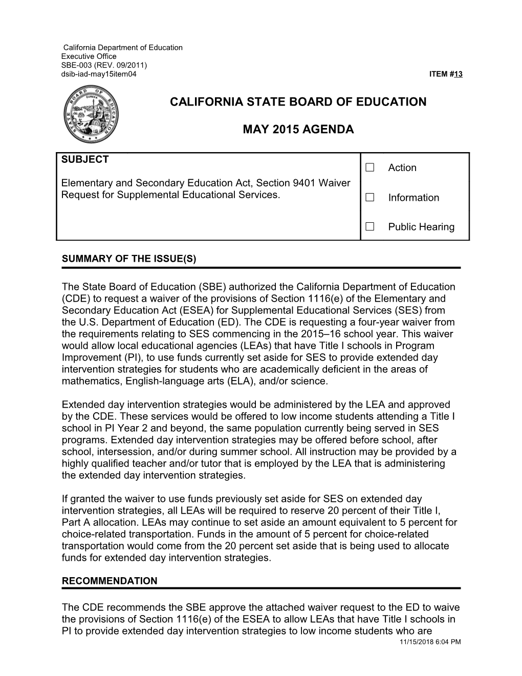 May 2015 Agenda Item 13 - Meeting Agendas (CA State Board of Education)