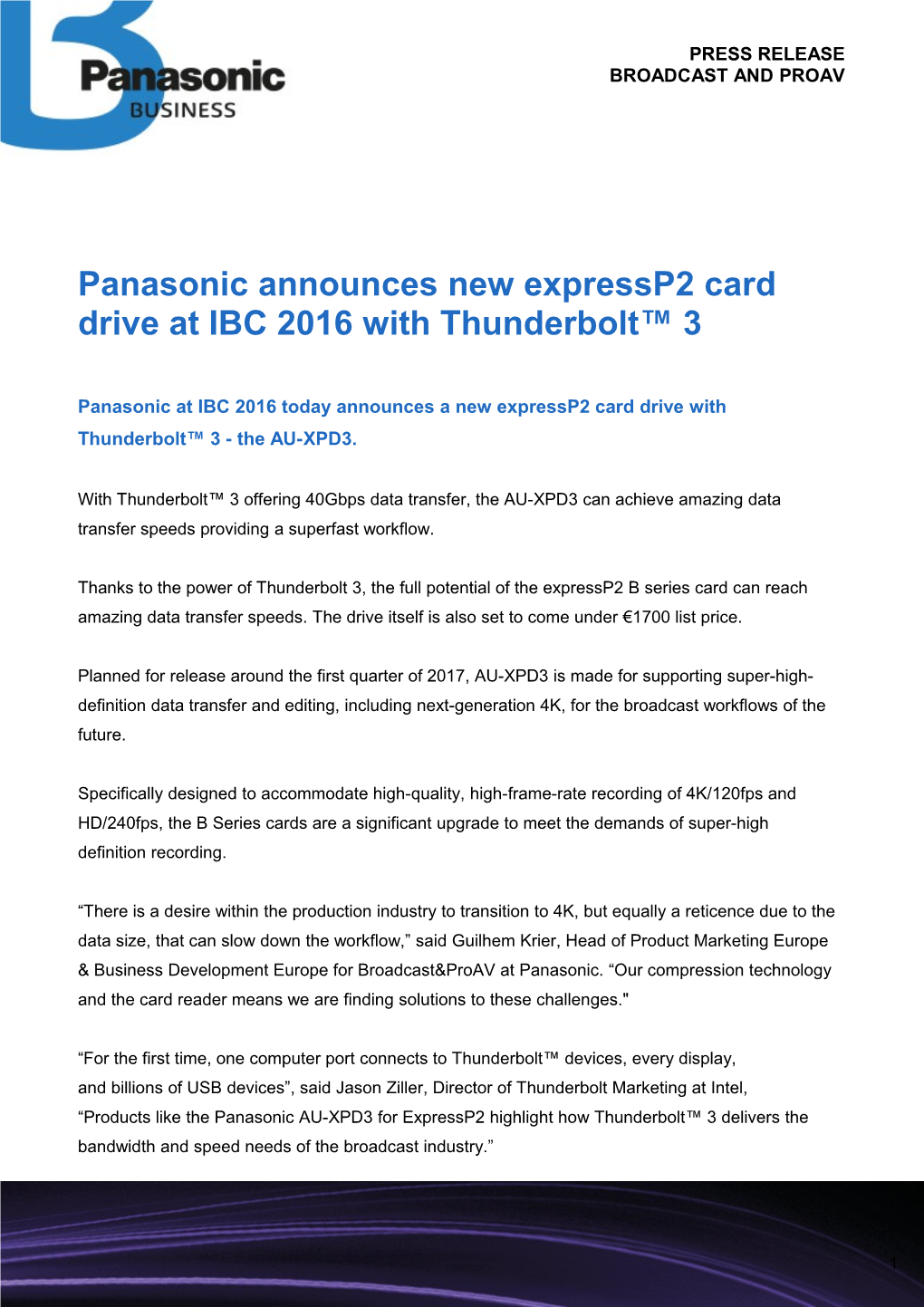 Panasonic Announces New Expressp2 Card Drive at IBC 2016 with Thunderbolt 3