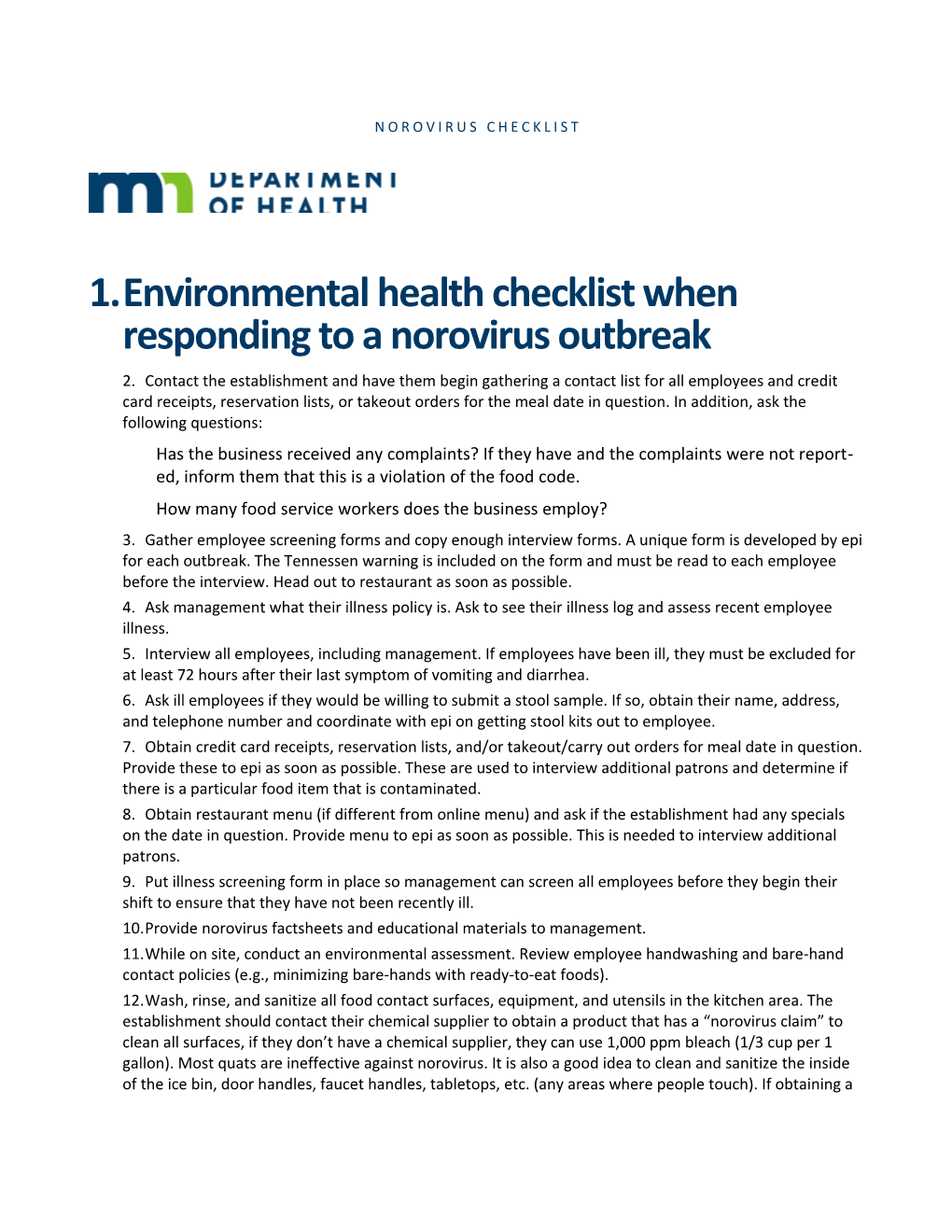 Environmental Health Checklist When Responding to a Norovirus Outbreak