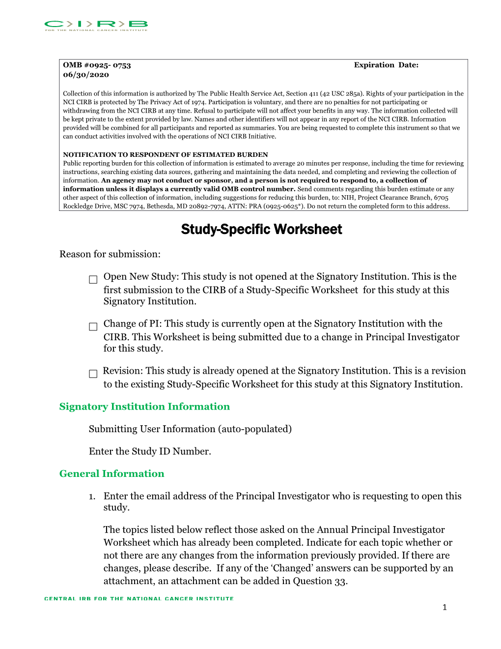 CIRB Annual Principal Investigator Worksheet About Local Context