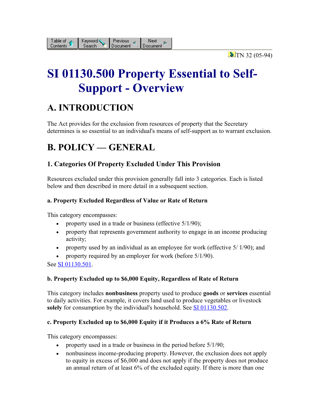 SI 01130.500 Property Essential to Self-Support - Overview