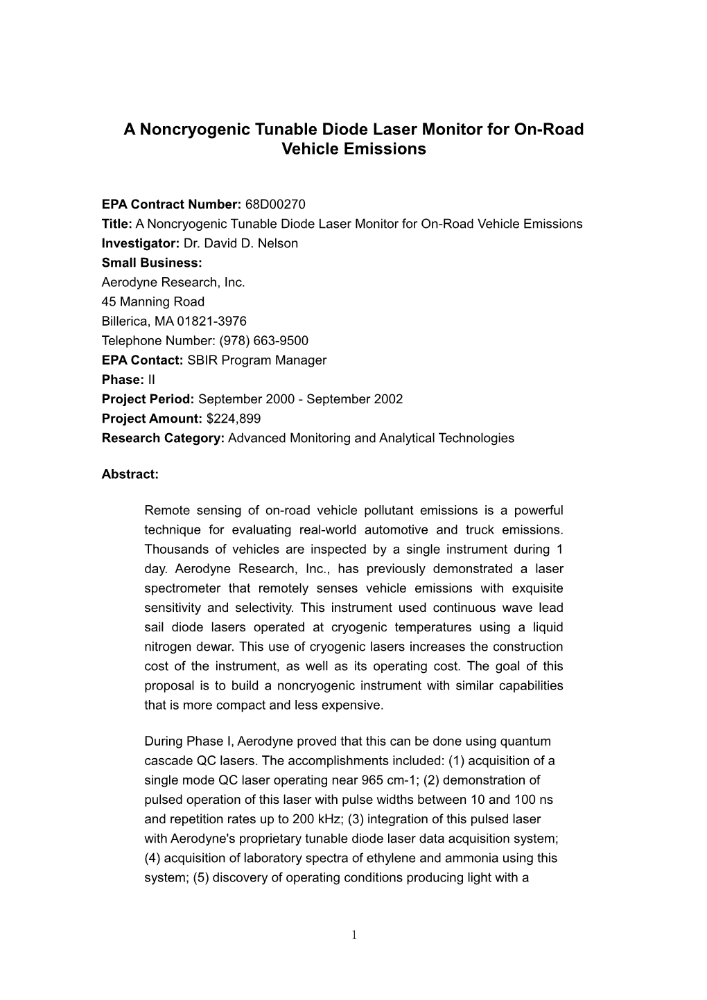 A Noncryogenic Tunable Diode Laser Monitor for On-Road Vehicle Emissions