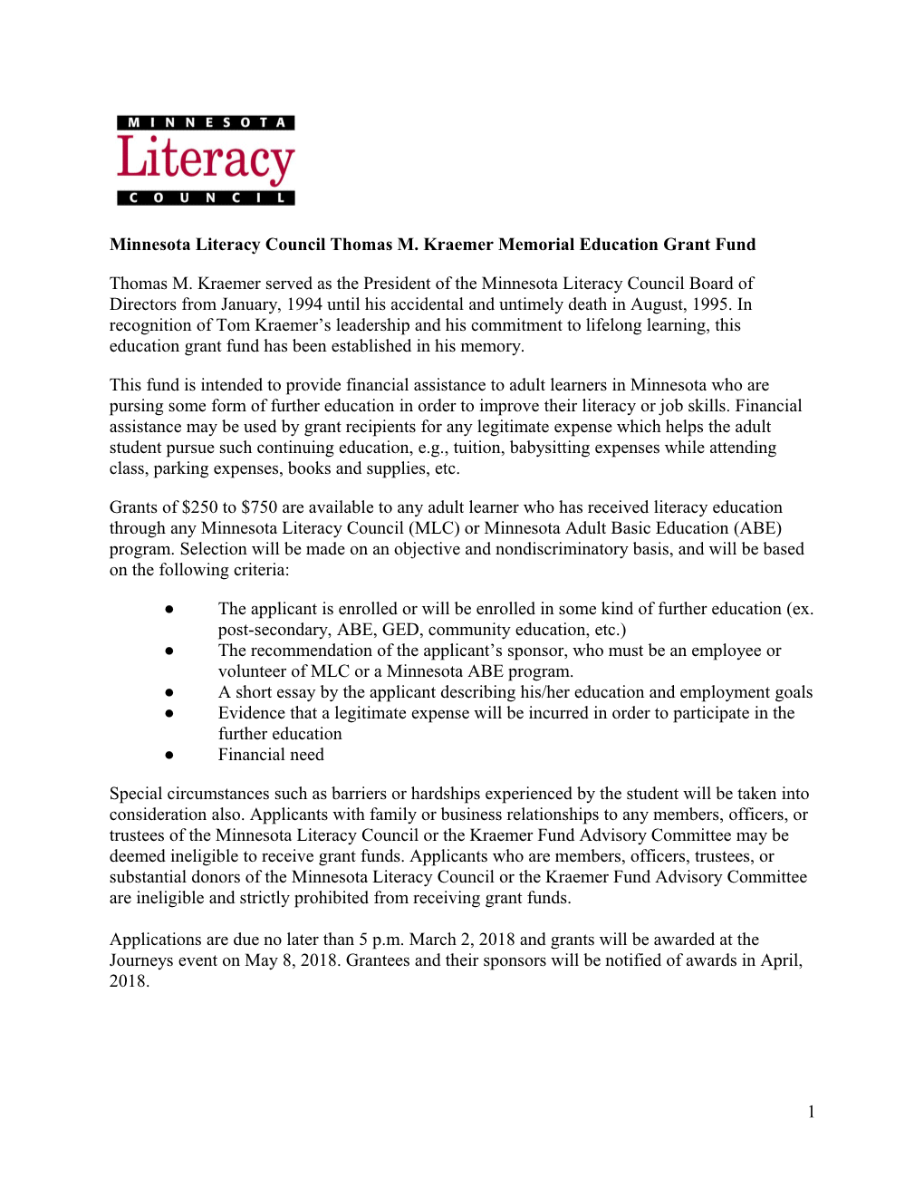Minnesota Literacy Council Thomas M. Kraemer Memorial Education Grant Fund