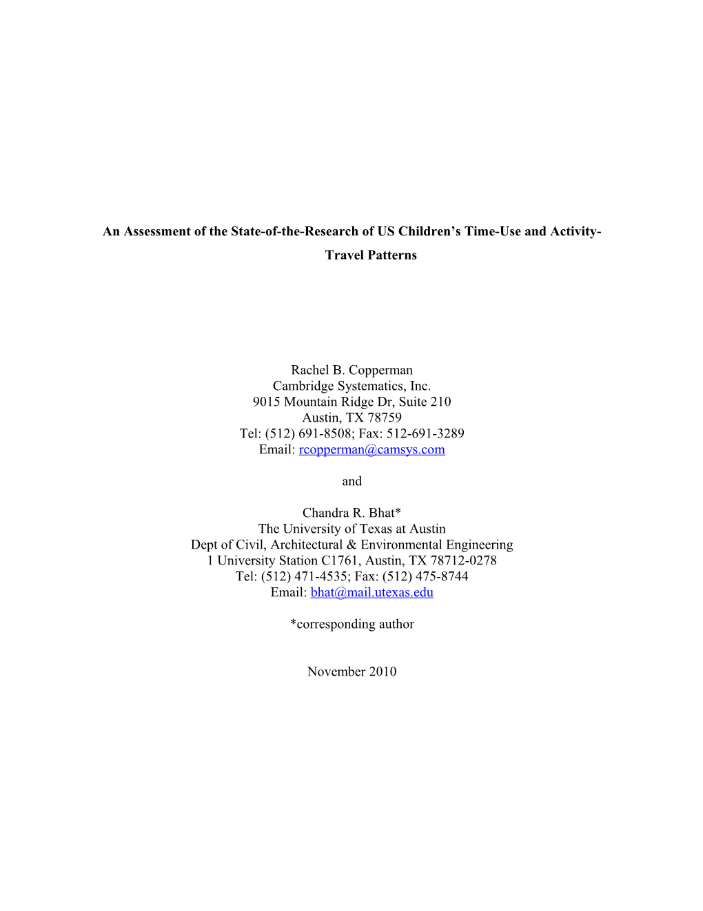 An Assessment of the State-Of-The-Research of Uschildren S Time-Use and Activity-Travel Patterns