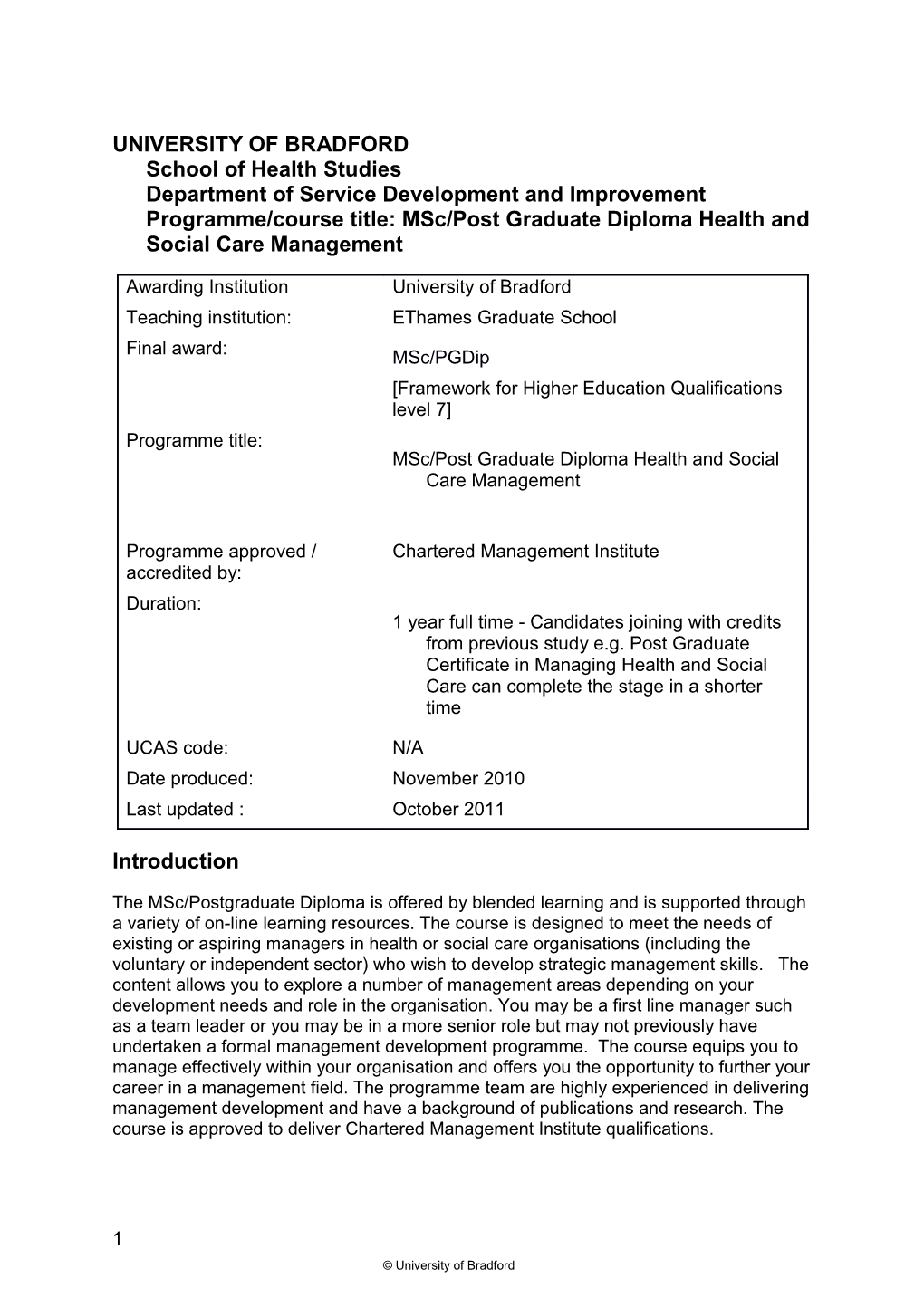 Msc/Post Graduate Diploma Health and Social Caremanagement