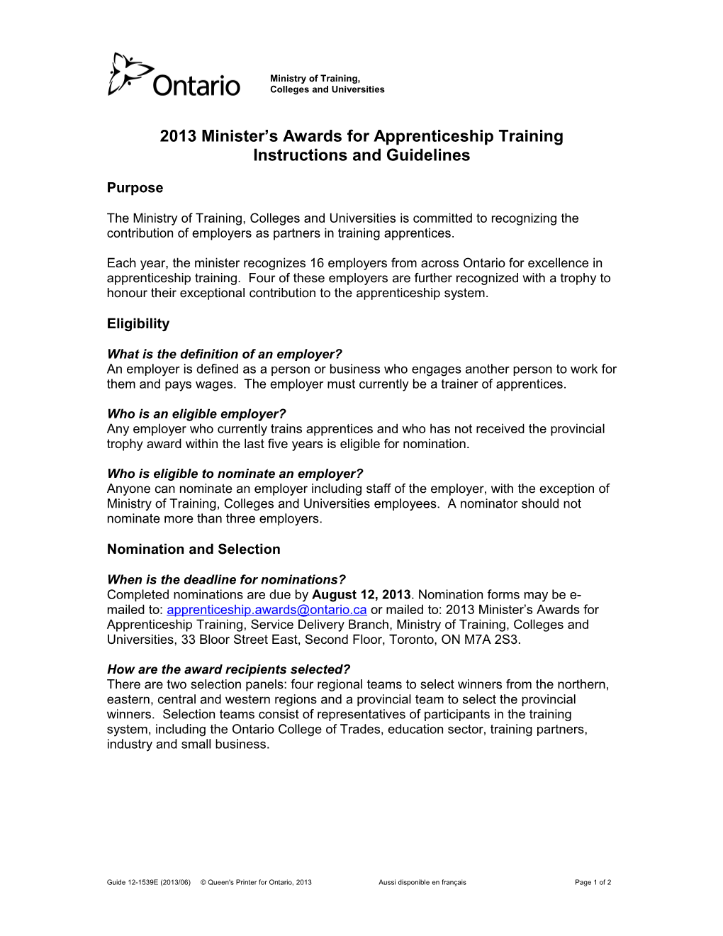 2012 Minister's Awards for Apprenticeship Training - Instructions and Guidelines